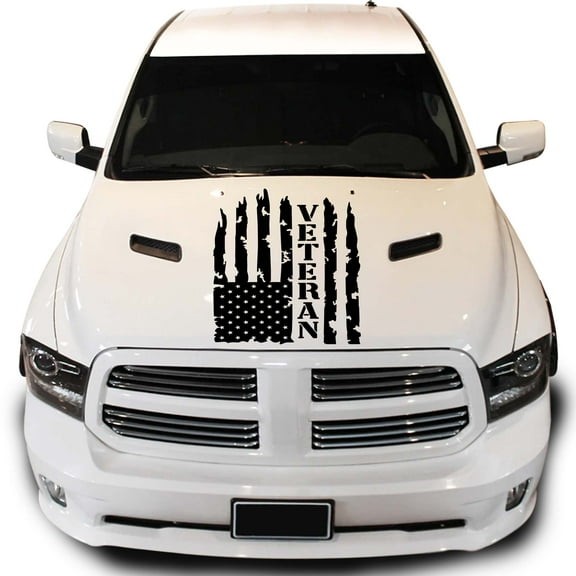 Veteran Vietnam Retired Distressed American USA US Flag Hood Vinyl Decal Sticker Compatible with most Pickup Trucks U.S. Army Sticker USAF USMC US Decal (23" x 36", Black)