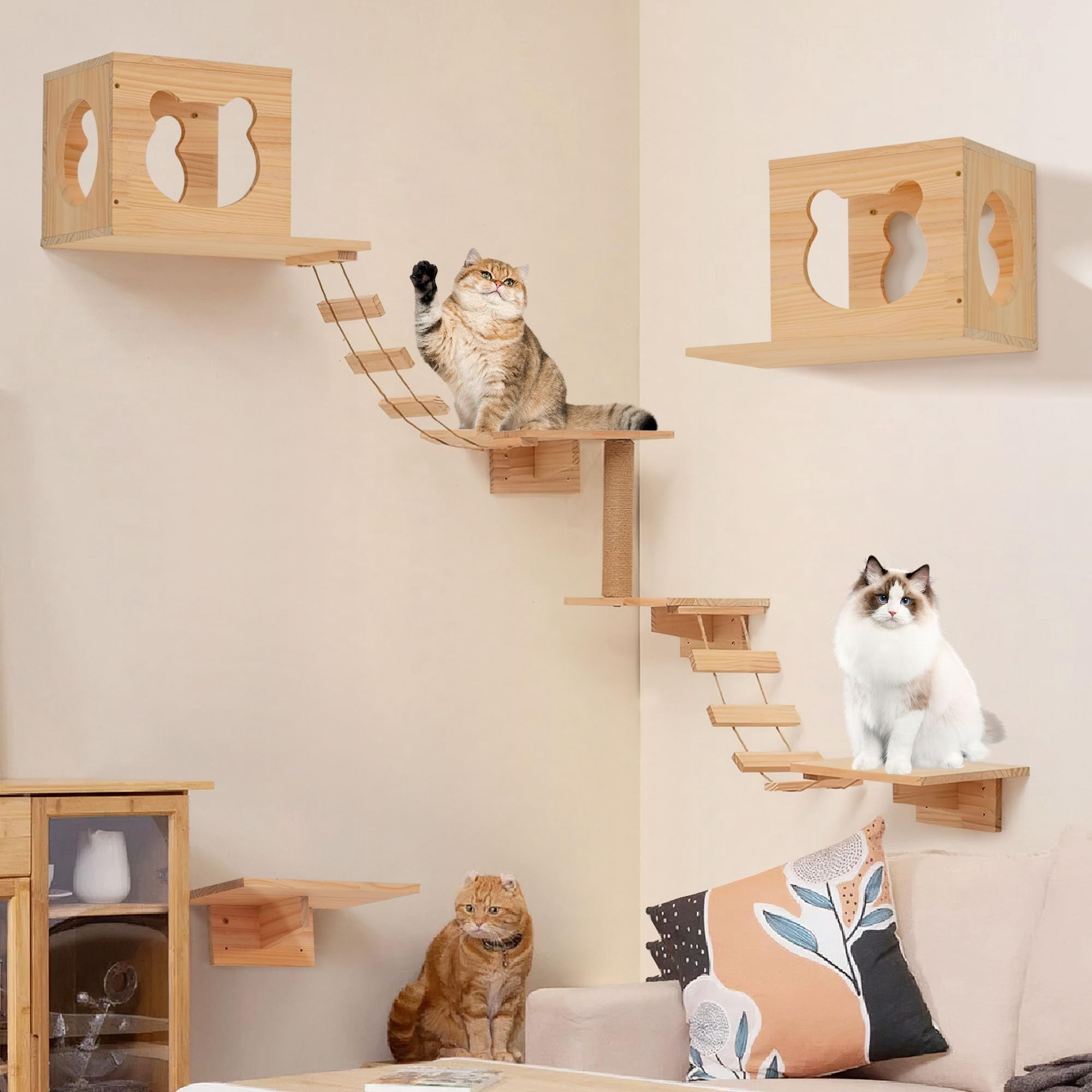 Cat Wall Shelves And Perches  Pine Wooden Furniture Climbing With Climber Condo Ladder & Platform