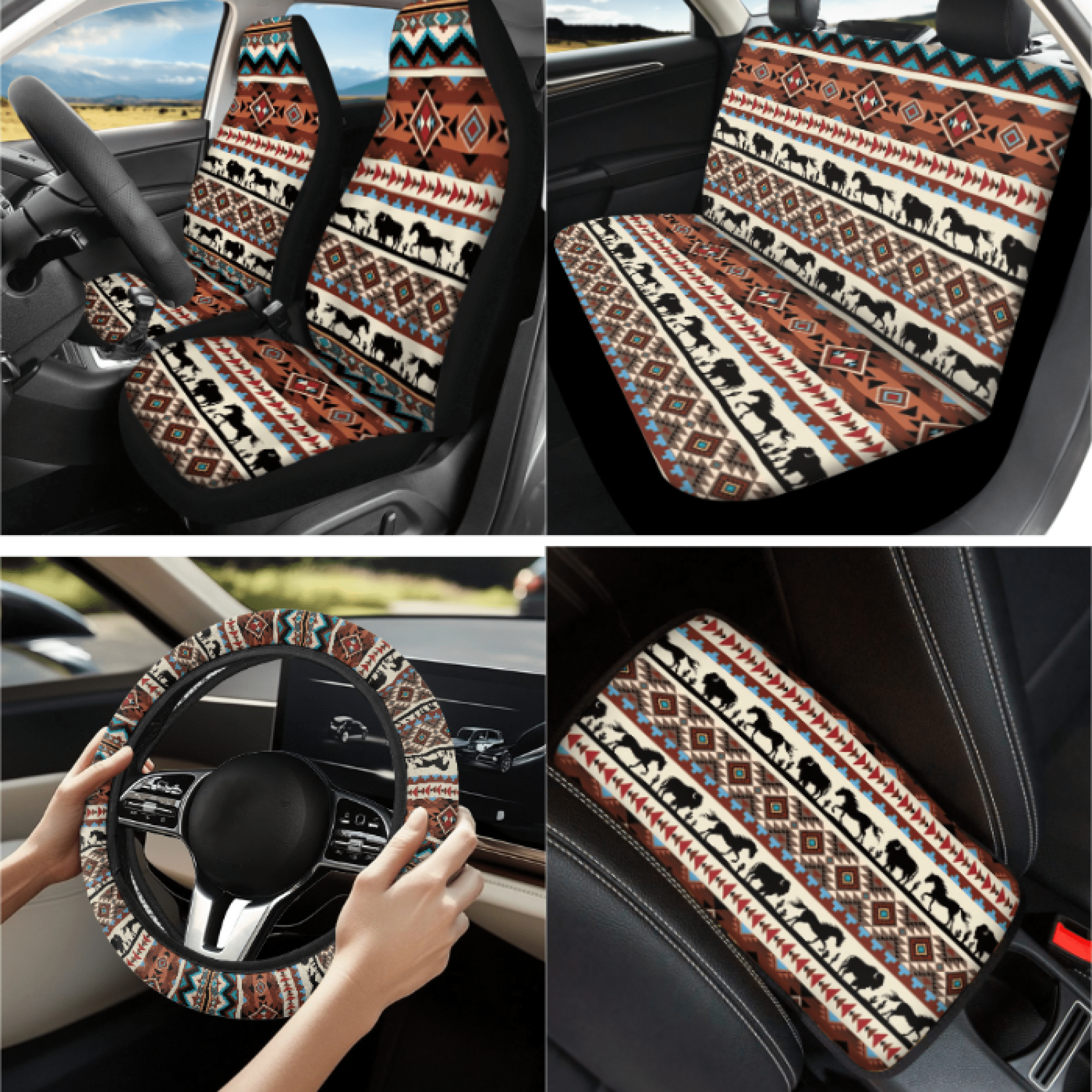 Binienty Car Accessories, with Steering Wheel Cover Keychain Key Chain Cup Holders Car Accessories Set, Bison Full Set Includes Seat Belt Cover Car Seat Cover Set