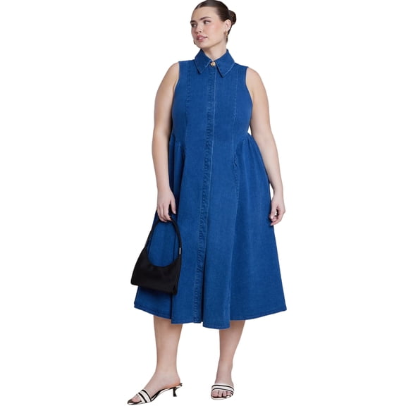 ELOQUII Women's Plus Size Sleeveless Denim Button Detail Dress