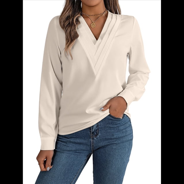 Blusa Plisada de Larga con Cuello en V para Mujer, Ideal para Oficina Albaricoque XL