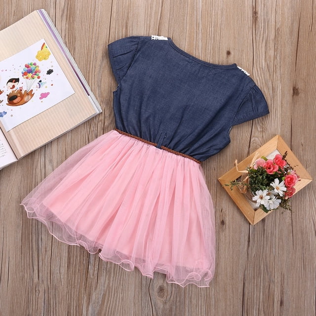 Robe de Fête en Denim pour Bébés Filles, Dentelle Florale Tulle Tutu, Robe d'Été Décontractée