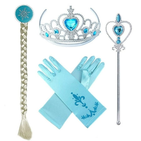 Princess Elsa Dress up Party Accessories Blue Favors 4 Pcs Gifts Set - Gloves Tiara Wig and Wand