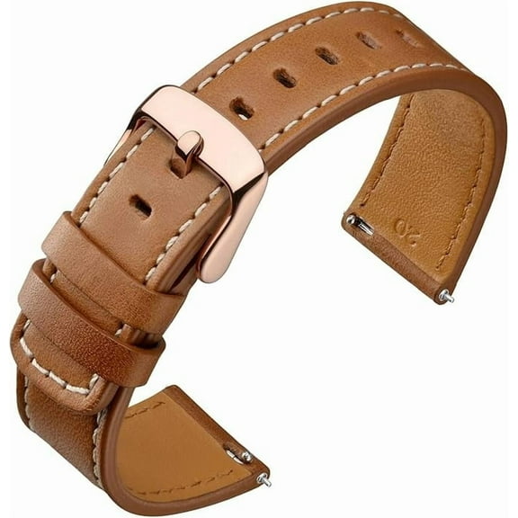 KOMI 20mm Watch Band with Rose Gold Buckle, Quick Release Genuine Leather Replacement Strap (Gold Brown)