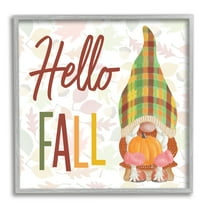 Hello Fall Cozy Tartan Gnome Holding Pumpkin Inspirational Graphic Art Framed Art Print Wall Art