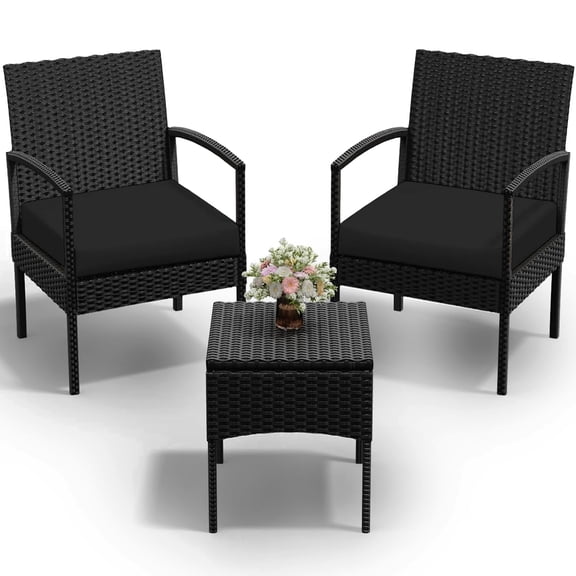 Tappio Outdoor Furniture 3 Piece Patio Bistro Furniture Set, Rattan Conversation Chairs Set with Side Table and Cushions, Patio Furniture Sets for Balcony Garden Porch, Black
