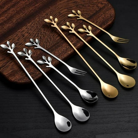 

8Pcs/Set Stainless Steel Leaf Coffee Stirring Spoon Mug Dessert Teaspoons Long Handle Fork Spoon Kitchen Tableware Drinking Set