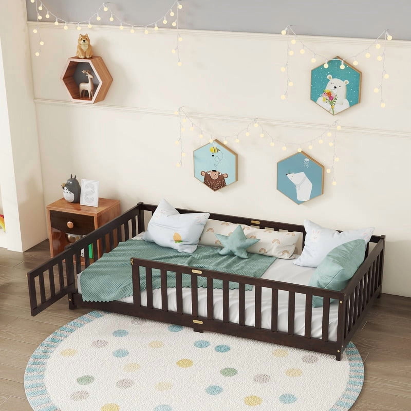 Mirightone Twin Size Floor Bed , Wood Montessori Floor Beds with Fence Railings, Door & Slats Support, Twin Playhouse Bed Frame, (Espresso)