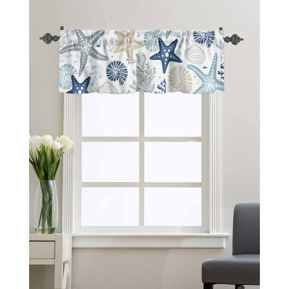 Window Valance Rod Pocket Short Curtain Panel Coastal Starfish Nautical Coral Shell Valances for Kitchen Windows,Summer Ocean Beach Sealife Curtain Valance Drapes for Bedroom Bathroom 54x18in