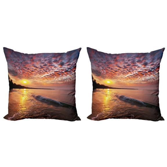 Ambesonne Landscape Throw Pillow Cover 2 Pack, Dawn at Beach Seaside, 16", Orange Mauve Blue