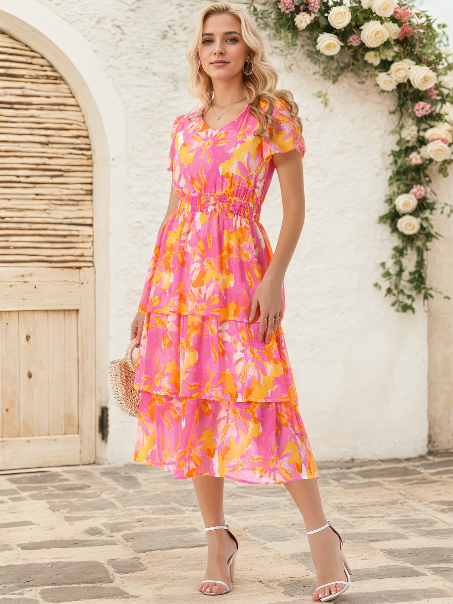 DARING DIVA Floral V Neck Short Sleeve Ruffle Tiered Midi Dress M Hot Pink