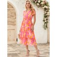 thumbnail image 2 of DARING DIVA Floral V Neck Short Sleeve Ruffle Tiered Midi Dress L Hot Pink, 2 of 7
