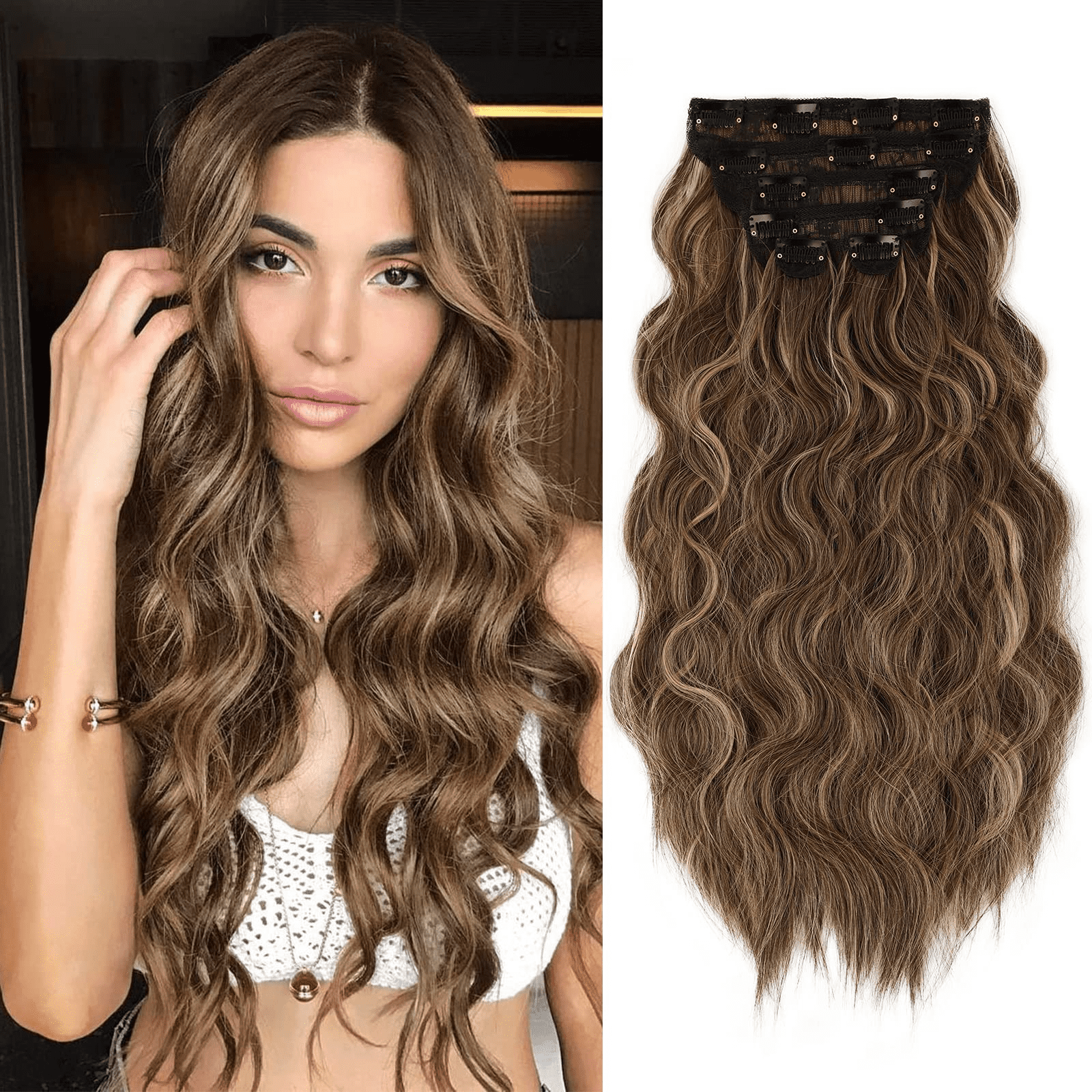 Morica Clip In Hair Extension 20 Inch Brown Mix Ash Blonde Highlights 6pcs Natural Long Wavy