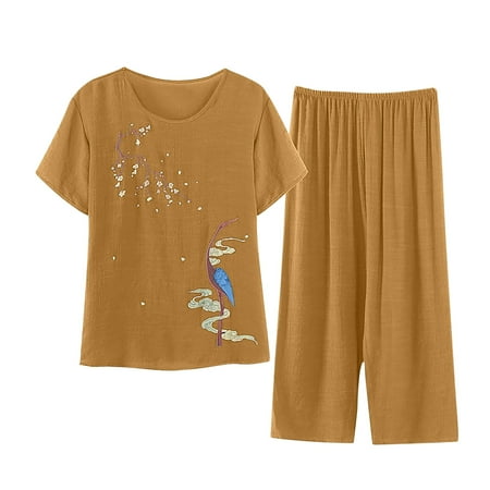 

Vedolay Pajamas For Women Nightgown Women s 2 Piece Set Plus Size Print Sleepwear Lapel Neck Satin Pajama Set Coffee S