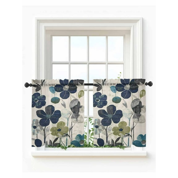 Navy Blue Green Floral Tier Curtains 36 Inch Length,Sheer Curtains for Bedroom Living Room Window Vintage Botanical Leaves Rod Pocket Drapes Kitchen Curtains Small Half Window 27.5"x36" 2 Panels