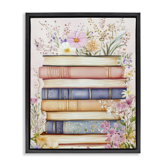 Stupell Industries Cottage Blooming Bookstack in Pastels Black Floating Frame Canvas Art, 17 x 21, by LSR Design Studio