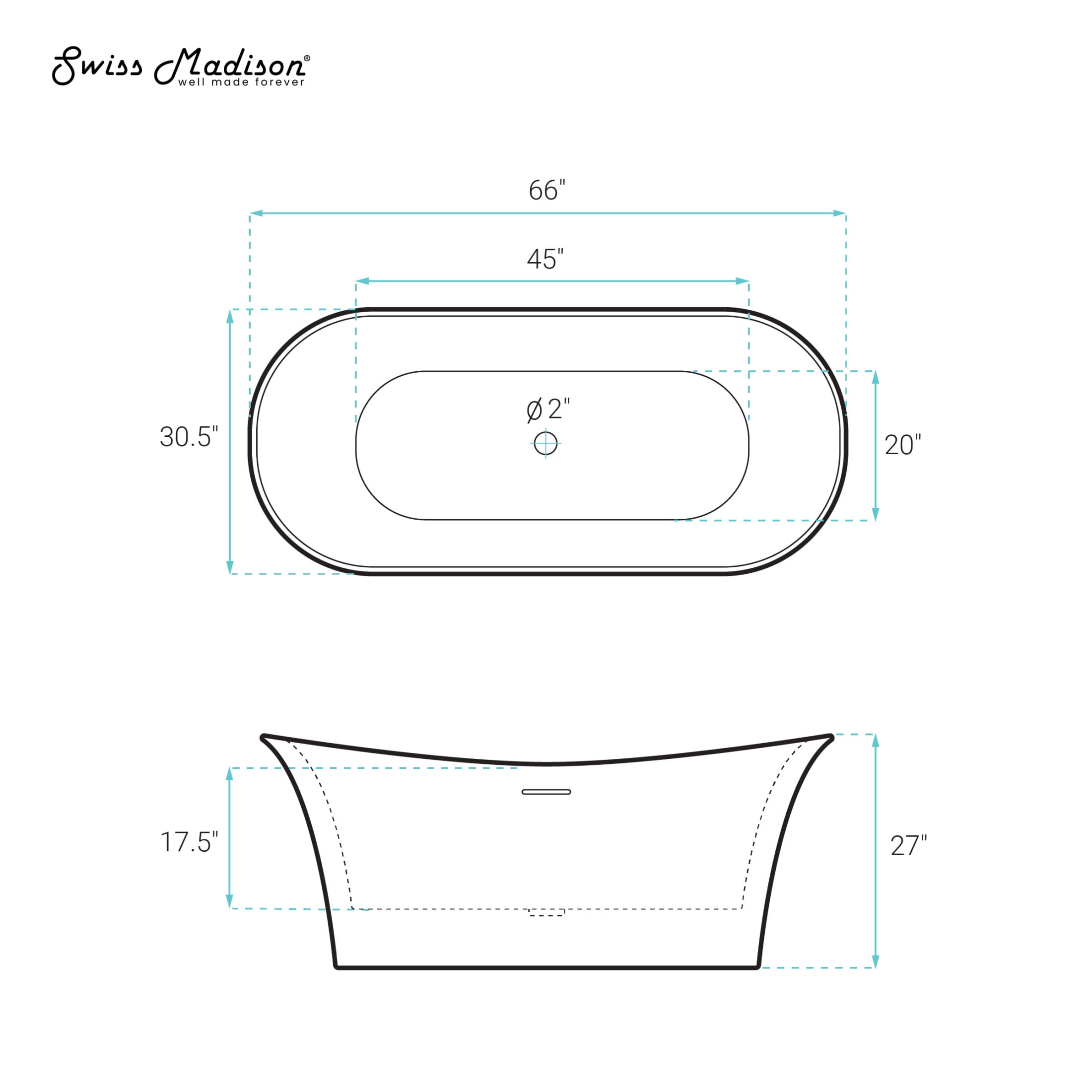 Cascade 66" Double Slipper Soaking Freestanding Bathtub in Glossy White, Drain Included