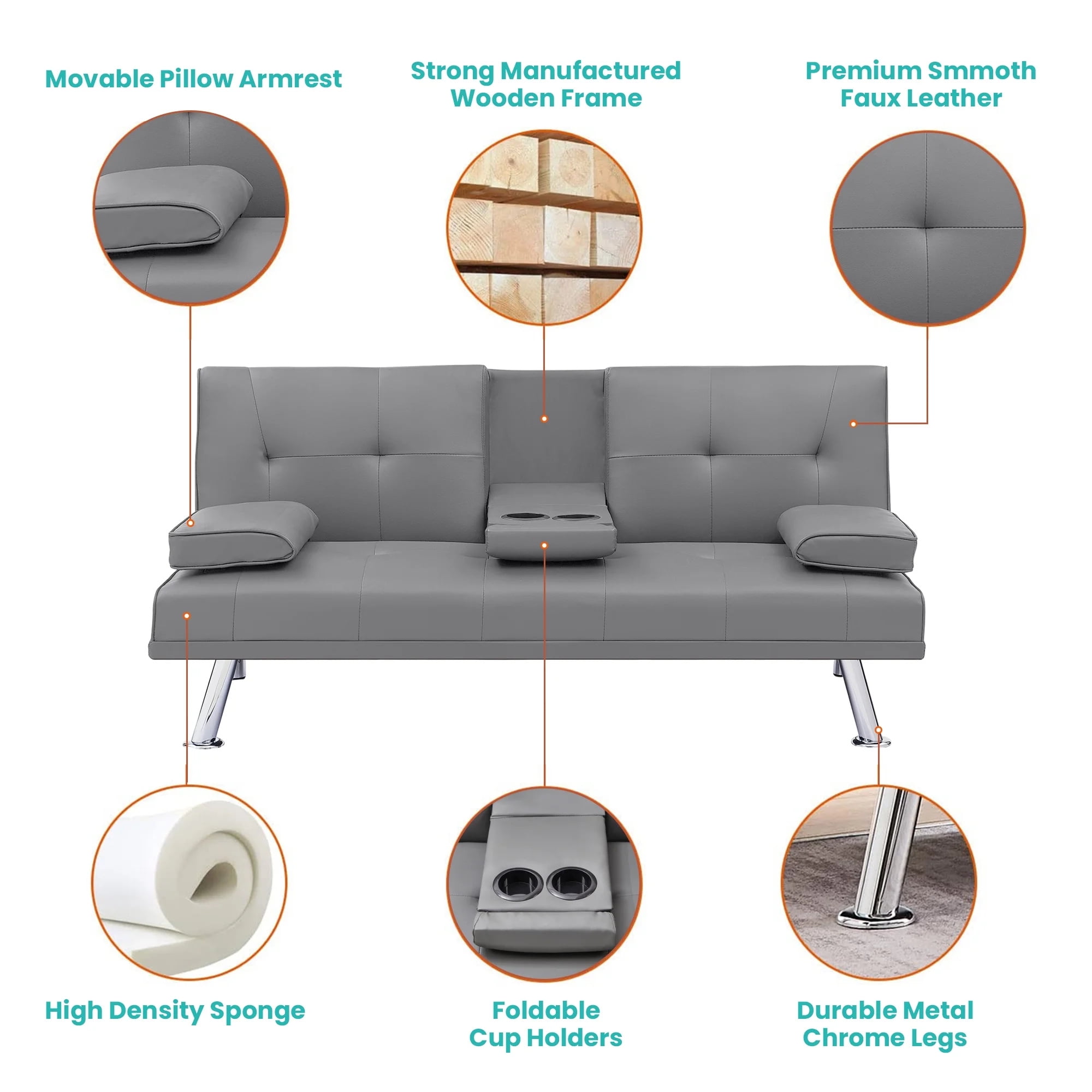 Aukfa Leather Futon Convertible Sofa Bed with 2 Cupholder&Pillow for Home Office Twin Size, Gray