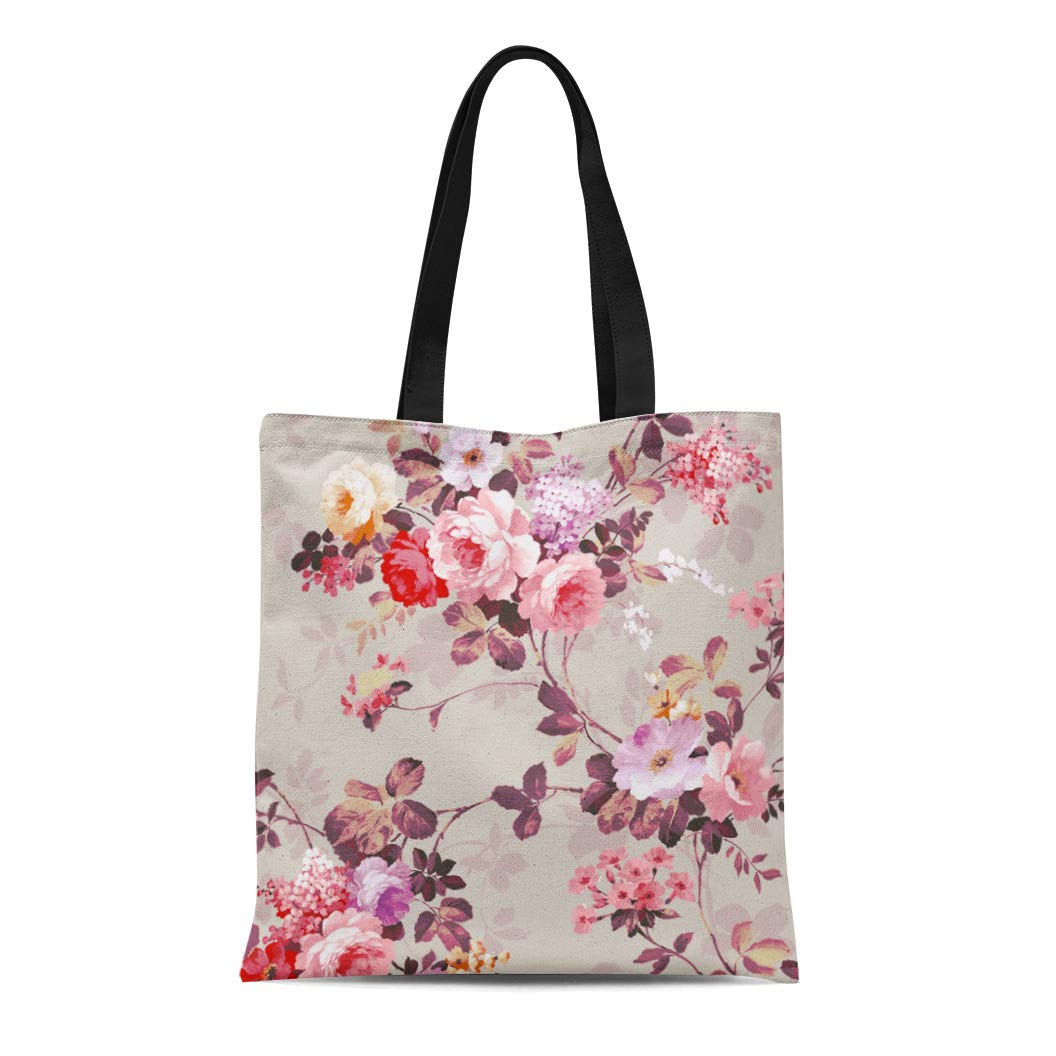 ASHLEIGH Canvas Tote Bag Flowers Vintage Elegant Pink Red Purple Roses
