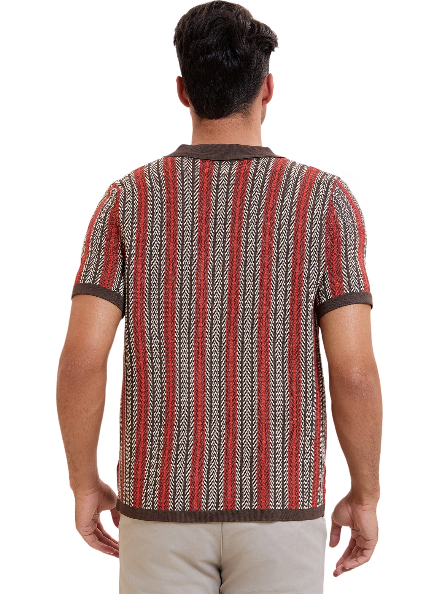 DARING DIVA Men's Striped Short Sleeves Button Down Jacquard Polo Shirts XL Dark Brown