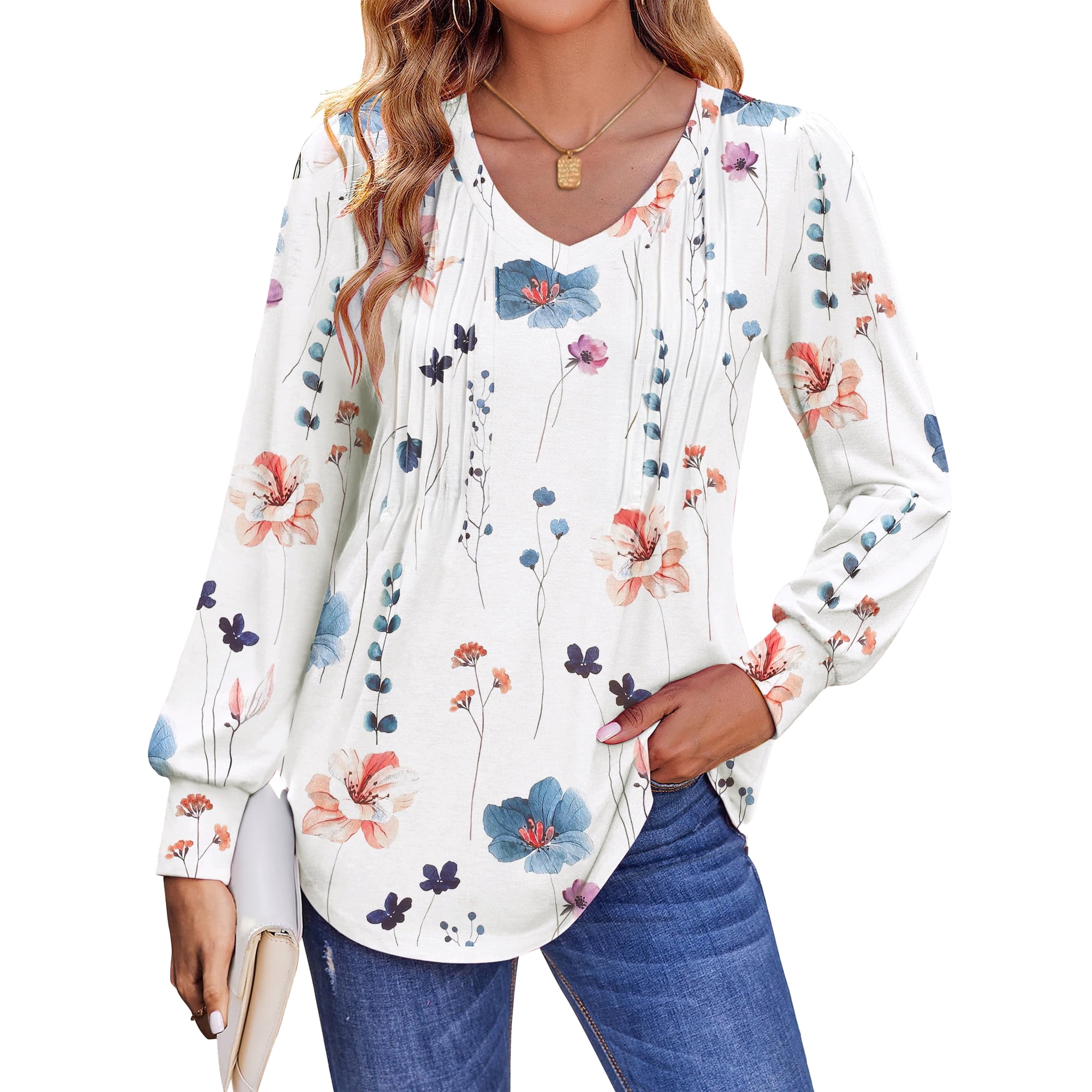 Fantaslook Long Sleeve Shirts for Women Fall Tops Dressy Casual Blouses Pleated V Neck Tunic Tops