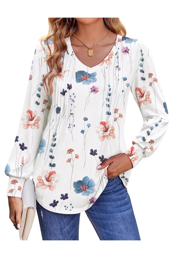 Long Sleeve Shirts for Women Fall Tops Dressy Casual Blouses Pleated V Neck Tunic Tops