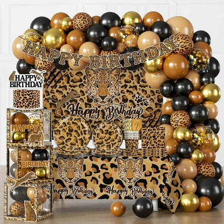 224 Pcs Cheetah Print Birthday Decorations, Leopard Print Balloon Arch, Banner, Cake Toppers, Backdrop, Plates and Napkins Set Safari Jungle Animal Print Cheetah Party Decorations for Birthday