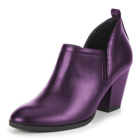 FSJ Women Classic V Cut Chunky High Heel Pumps Round Closed Toe Slip On Loafers Vintage Solid Color Ankle Booties Office Lady Shoes Size 10 Purple