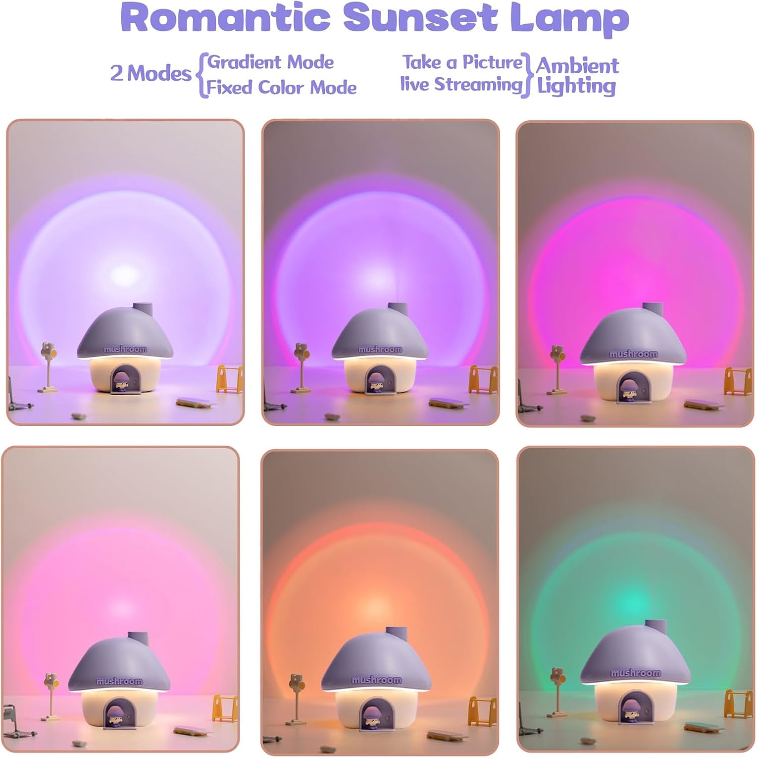 Small Humidifier for Bedroom, 300ML Pur House Mini Humidifier with 6 Colors Sunset Light, 2 Spray Modes Portable Baby Humidifier, Cute Rechargeable Mushroom Night Light for Kids