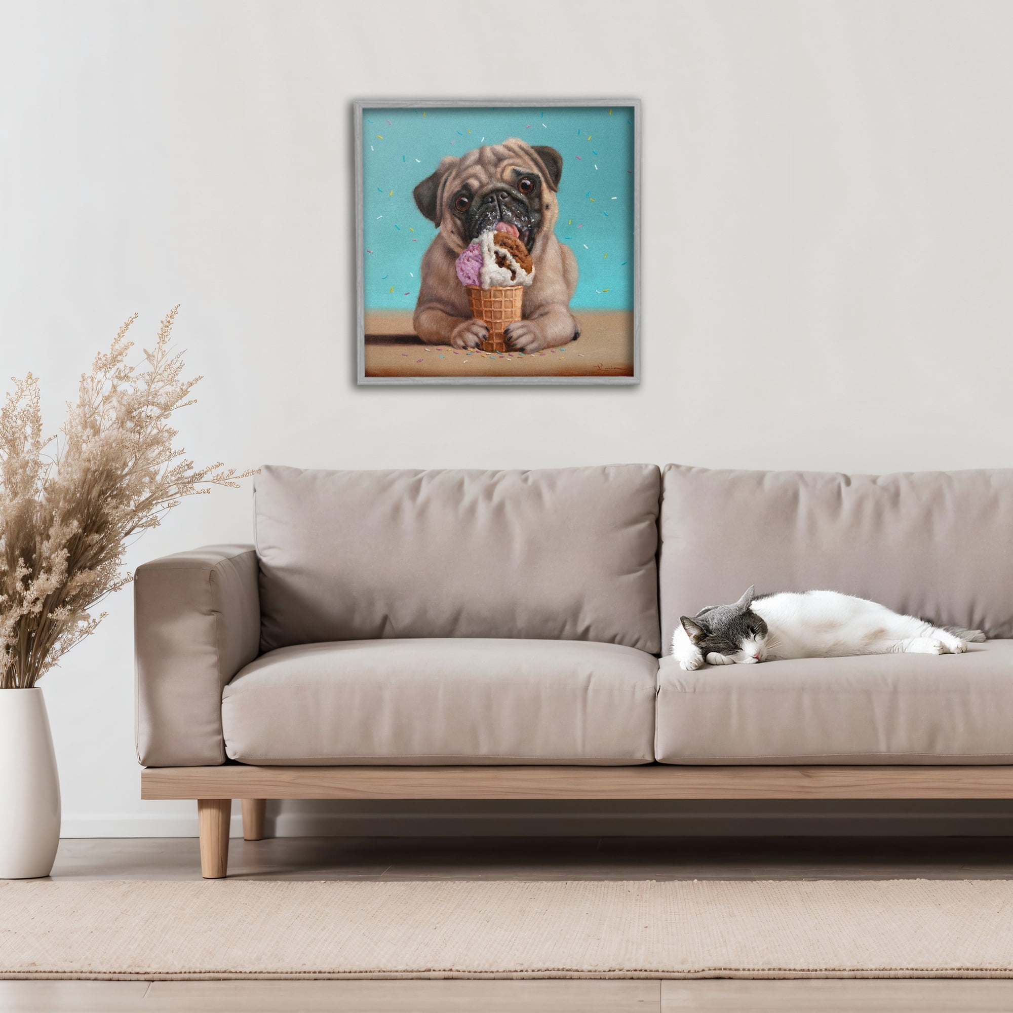 Neapawlitan Ice Cream & Dog Gray Framed Giclee Art, design by Lucia Heffernan