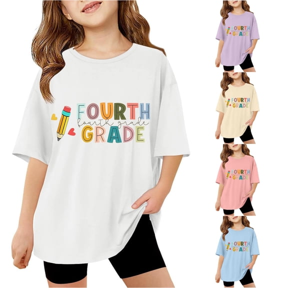 RUTAYY Girls Crew Neck Short Sleeve T-Shirt Fourth Grade Letter Print Back To School Casual Tee White