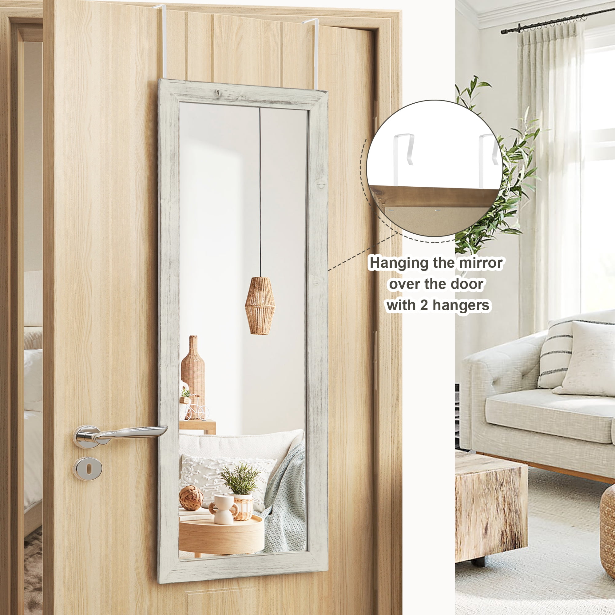 Over The Door Mirror Full Length, 47"x18" Door Mirror Full Length with Wood Frame, Full Length Mirror Over The Door with 2 Hangers Removeble, Hanging Mirror for Door or Wall Mounted Mirror