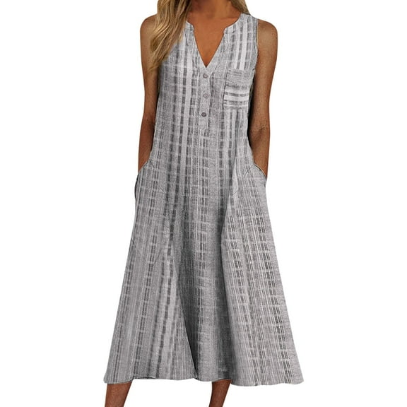 Sngxgn Women's Casual Loose Sundress Long Dress Sleeveless Split Maxi Dresses Summer Beach Dress with Pockets(Grey,M)