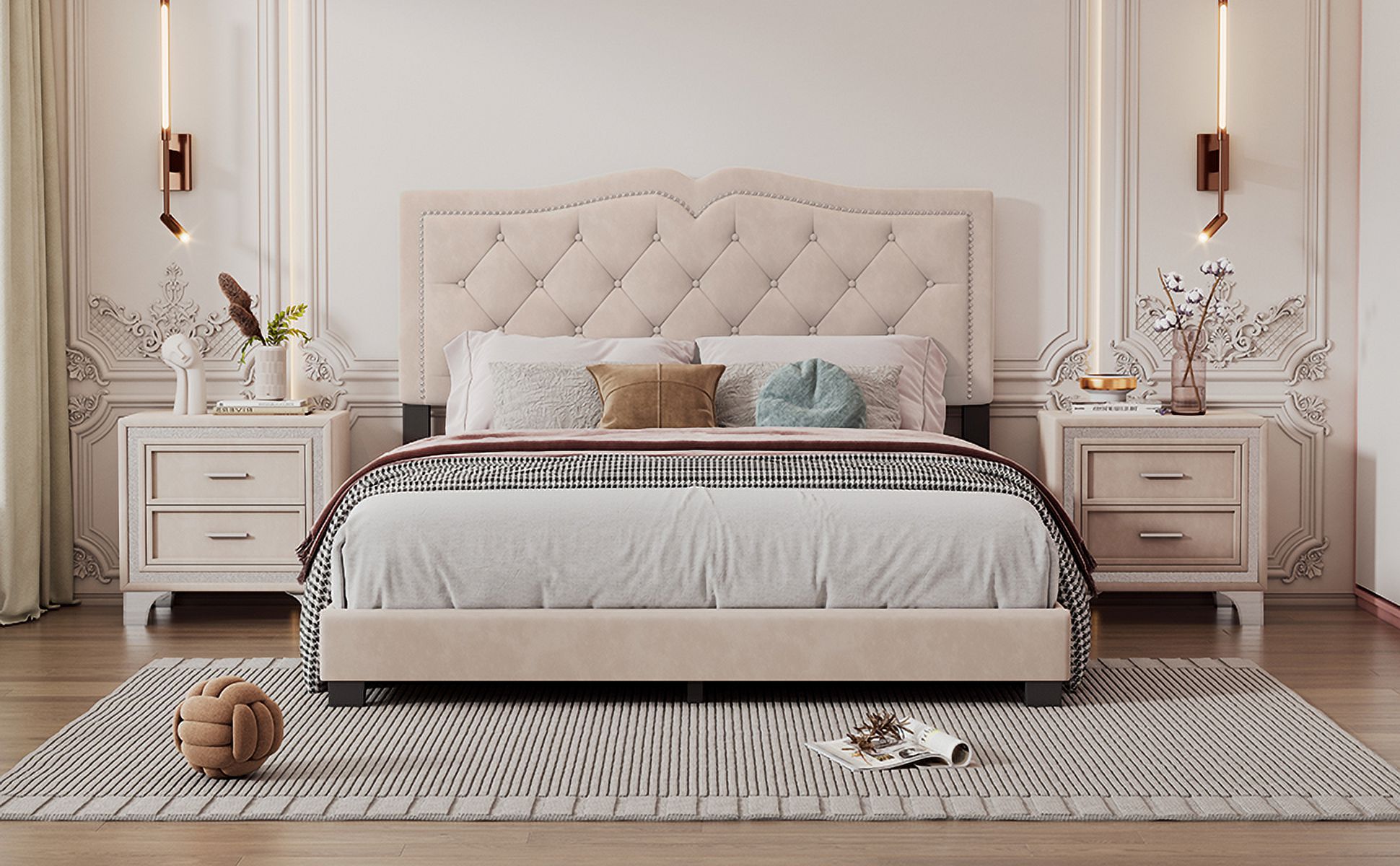 Queen Size Upholstered Bed Frame - Velvet Tufted Headboard with Rivet Design, Beige, 700LBS Capacity, No Box Spring Needed​