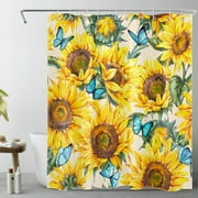 Country Sunflower Shower Curtain for Bathroom,Blue Butterfly and Yellow Floral Green Plant on Beige Fabric Shower Curtain with Hooks,Farmhouse Watercolor Bathroom Curtains Shower Set, 60x72 inches