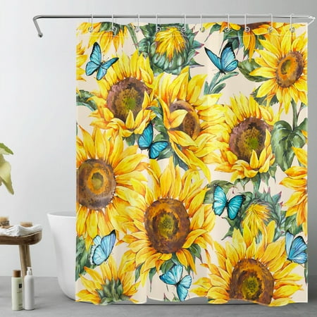 Country Sunflower Shower Curtain for Bathroom,Blue Butterfly and Yellow Floral Green Plant on Beige Fabric Shower Curtain with Hooks,Farmhouse Watercolor Bathroom Curtains Shower Set, 60x72 inches