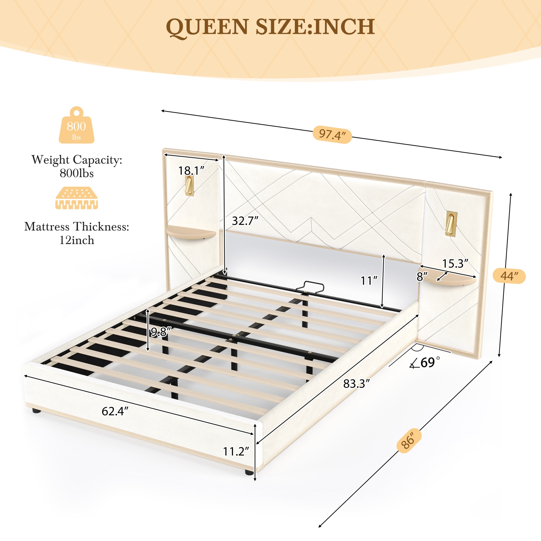 Christopher Knight Home Luxury Velvet Upholstered Queen Bed with Headboard, LED Lights, Storage Side Panels, Beige