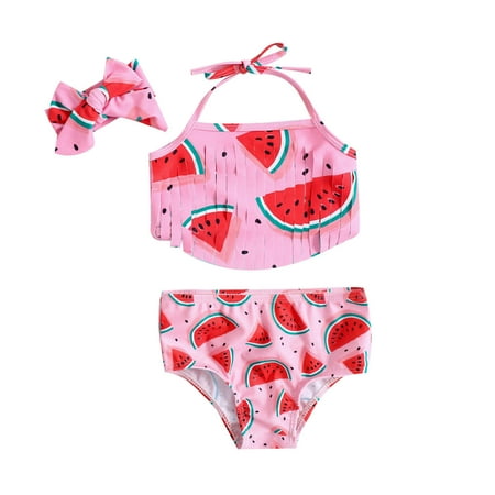 

Summer Toddler Girls Bowknot Strawberry Prints Tassel Three Piece Swimwear Swimsuit Bikini Headband Set