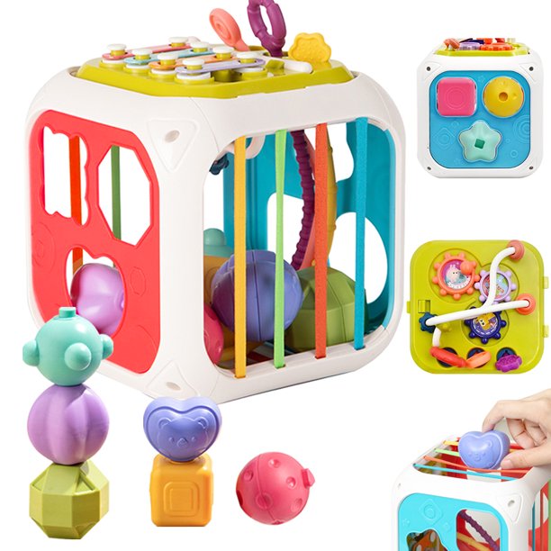 7 in 1 Developmental Toys for Toddlers, Baby Sensory Shape Sorter Blocks Toy W/ Silicon Pull