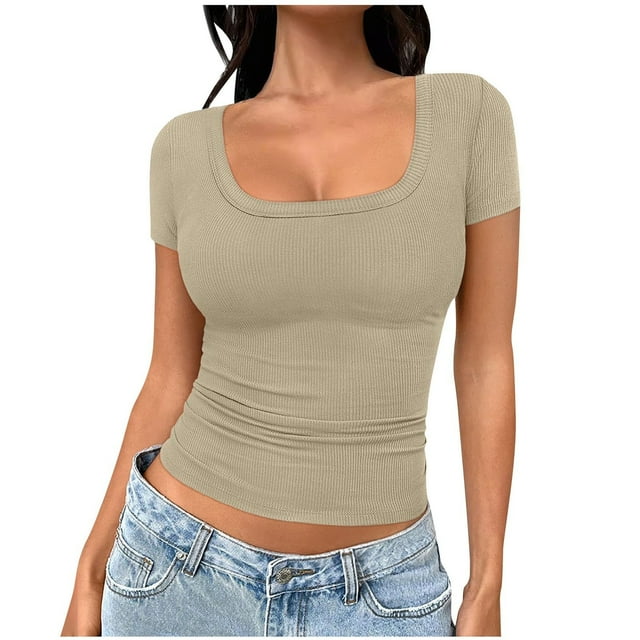 Posijego T-Shirts à Manches Courtes Côtelées pour Femmes, Crop Tops Tendance, Col Carré, Ajusté, Basique