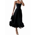 thumbnail image 2 of Womens Fashion Spaghetti Strap Flowy A-Line Dress with 3D Floral Appliques Party Maxi Gown Black S, 2 of 8