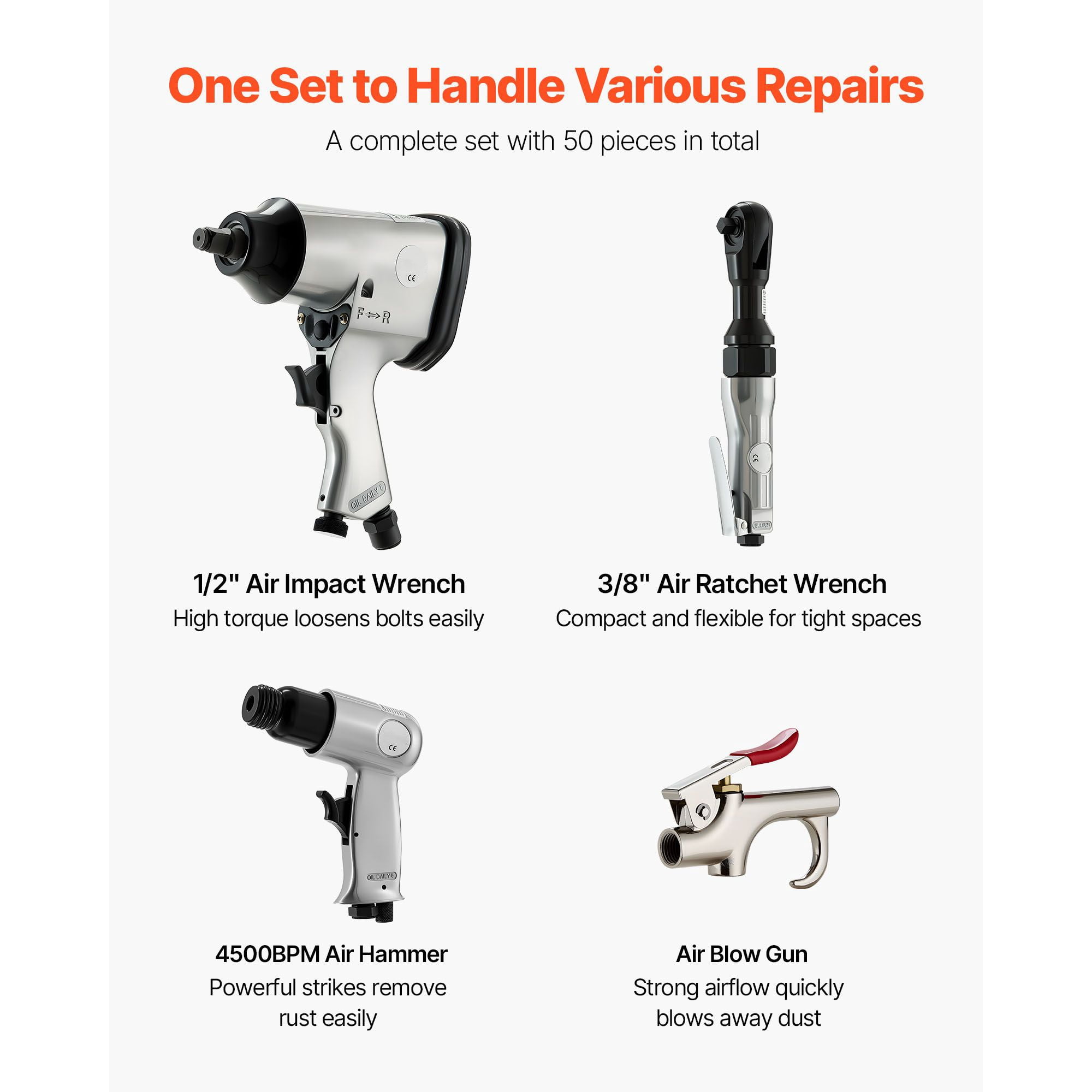 Dranite 50-Piece Pro Air Tool Set with 1/2" Impact Wrench, 3/8" Ratchet, 4500BPM Hammer, Blow Gun & Full Accessories - Ideal for Auto Repair and Home DIY - Includes Storage Case