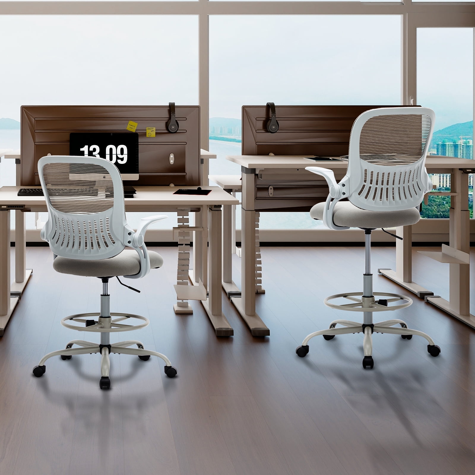 GIANNA Ergonomic Tall Mesh Office Chair with Storable Lumbar Support, Adjustable Foot Ring, Armrests, and Mid-Back Design – High Task Chair with Wheels, Gray