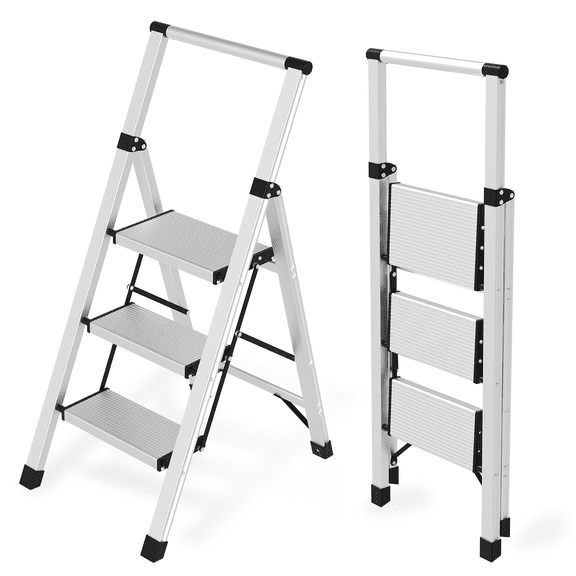 3 Step Ladder Aluminum Lightweight Folding Step Stool, 600lbs Max Load Heavy Duty Step Stool with Safety Handrail, Slim Foldable Kitchen Stool for Home Outdoor Work(Sliver)