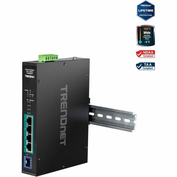 TRENDnet TI-PGM541, 5-port Industrial Gigabit PoE  DIN-Rail Switch
-20° – 65°C (-4° – 149°F)