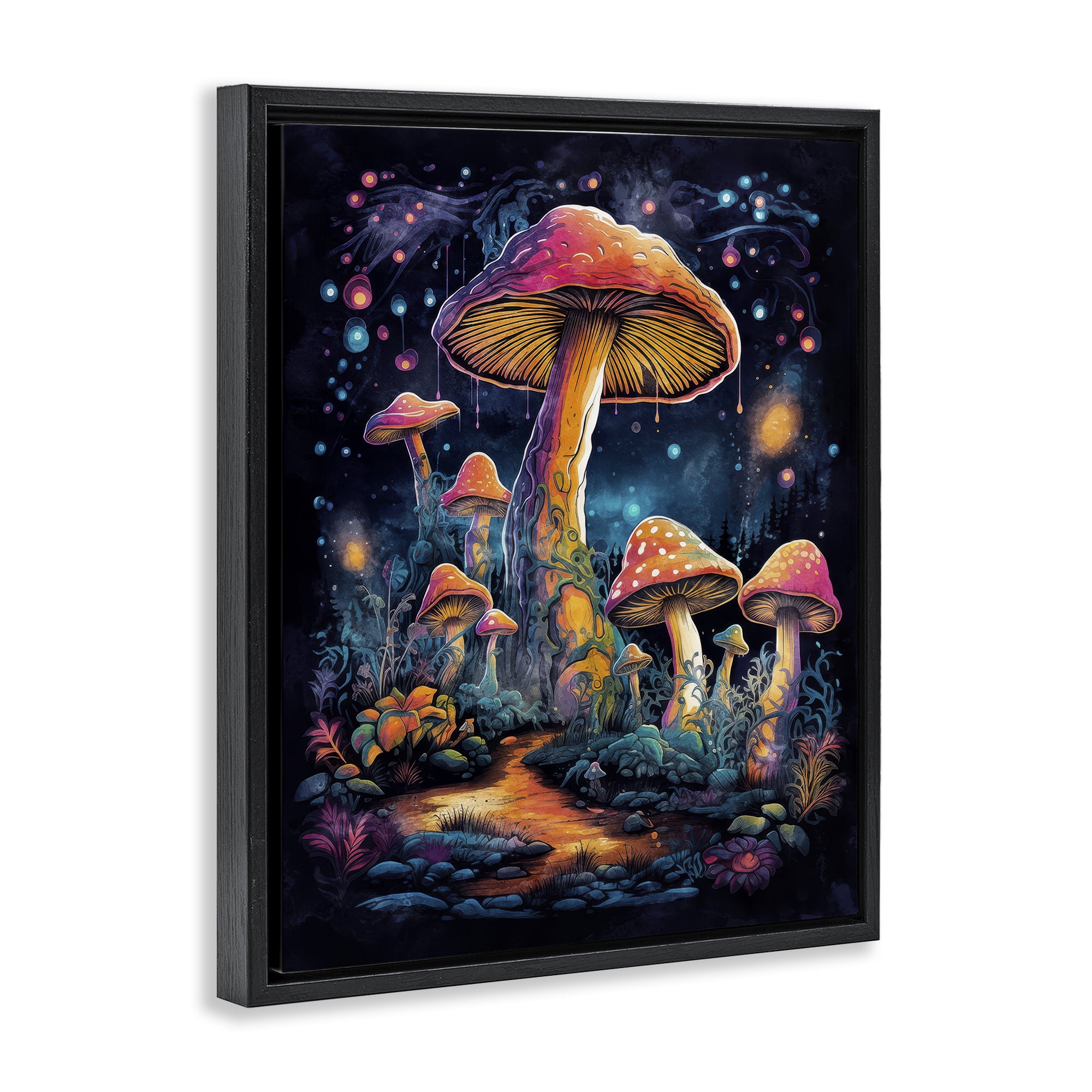 Stupell Industries Psychedelic Mushrooms Nature Landscape & Nature Painting Black Floater Framed Canvas Art Print Wall Art, 25 x 31