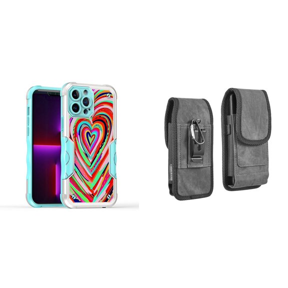 Case and Pouch Bundle for iPhone 14: Heavy Duty Armor Rugged Case (Abstract Love Hearts) and Vertical Rugged Denim Nylon Belt Holster