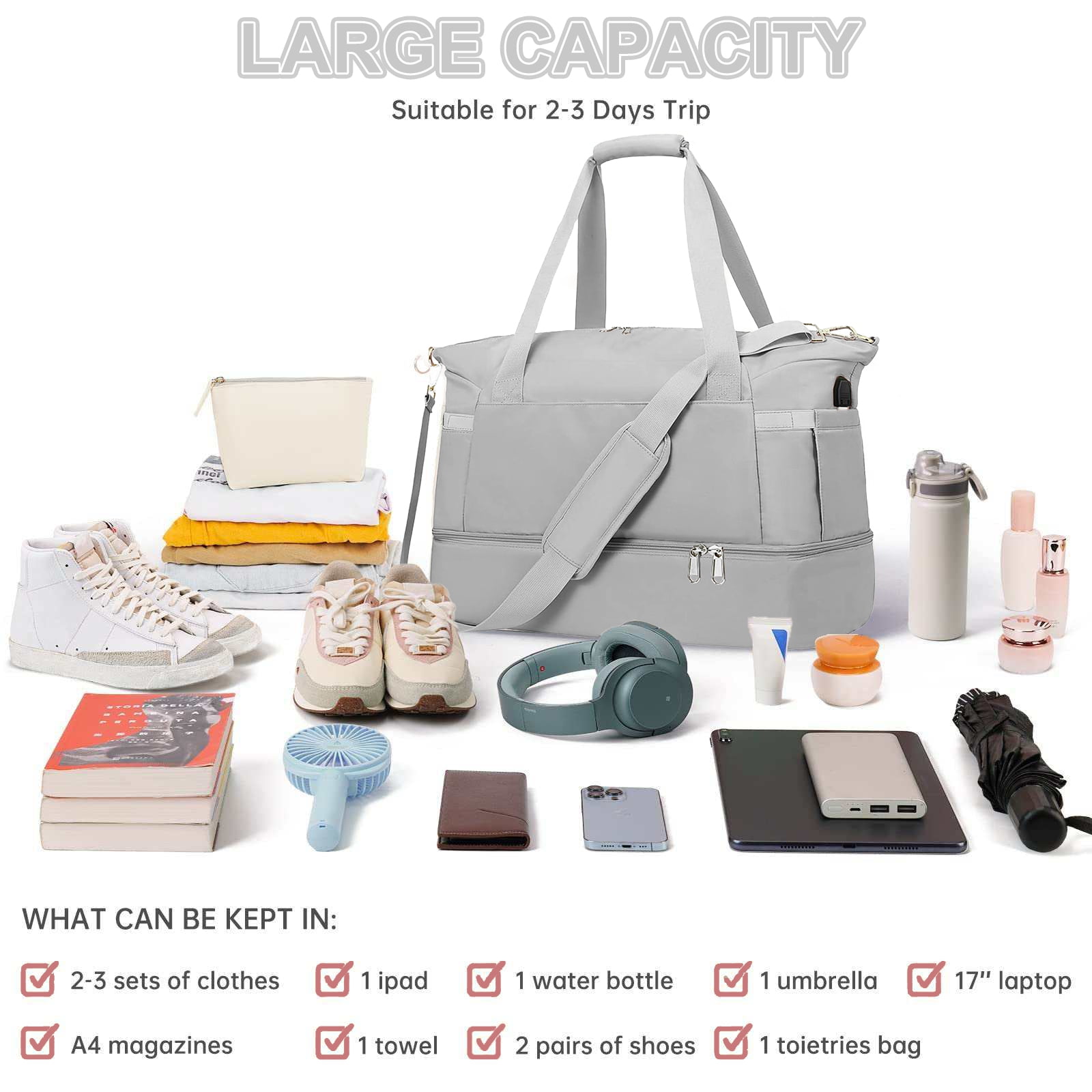 DAKIMOE Travel Duffel Bag for Women Gym Bag with USB Charging Port Large Weekender Overnight Bag Yoga Duffle Bags with Wet Pocket and Shoes Compartment, Gray
