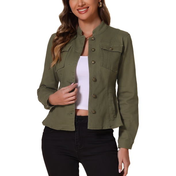 Chaquetas de mezclilla para mujer INSPIRE CHIC con cuello alzado, mangas largas, chaquetas de jean cortas, verde M