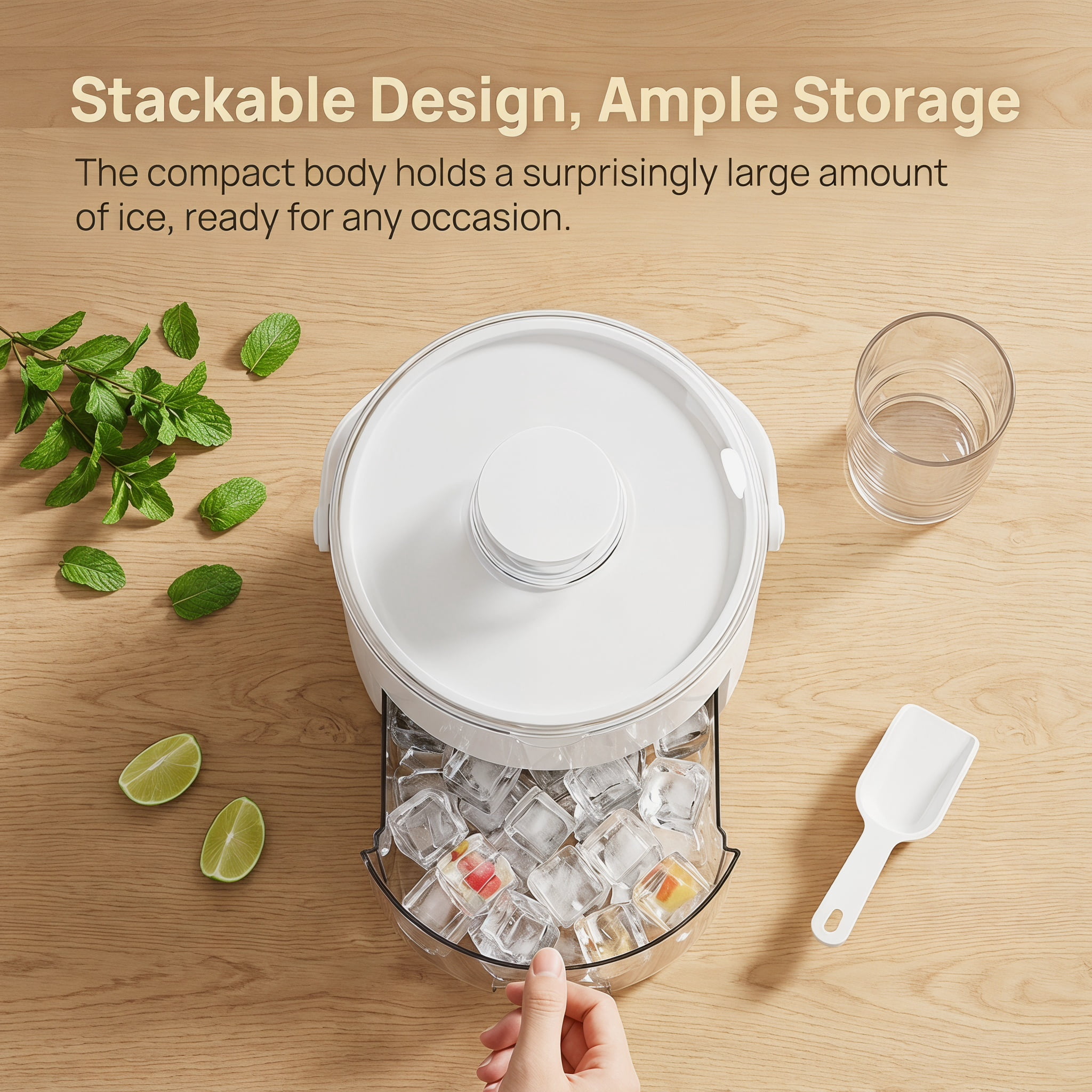 Large Capacity Ice Cube Maker with Storage Bin and Lid, 12.75x15.5x15.4cm Stackable Ice Tray for Outdoor Camping & Tailgate Parties, Arctic White